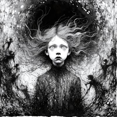 The primary subject of the image is a young girl with long hair, wearing a black shirt. She appears to be looking at the viewer with a surprised expression. The setting is a dark, possibly creepy, environment with a background of black and white. The visual style is a combination of digital art and illustration, creating a unique and intriguing atmosphere. The colors are predominantly black and white, with some grays, giving the image a moody and mysterious feel.